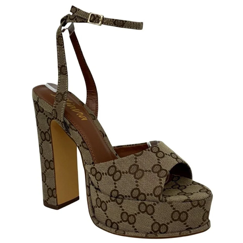 LILIANA  / Josy-6 / Beige Monogram / Platform / Heels With Adjustable Ankle
